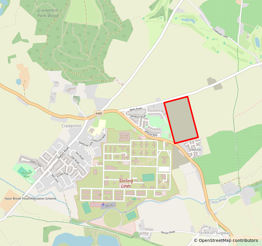 Map of the local area, with the development site outlined in red, the village of Credenhill visible to the far west, and Credenhill Park Wood to the north west.